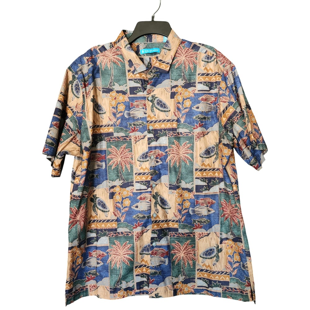 Tori Richard Shirt Men's XL Aloha Hawaiian Tropical Cotton Turtle Fish Palm